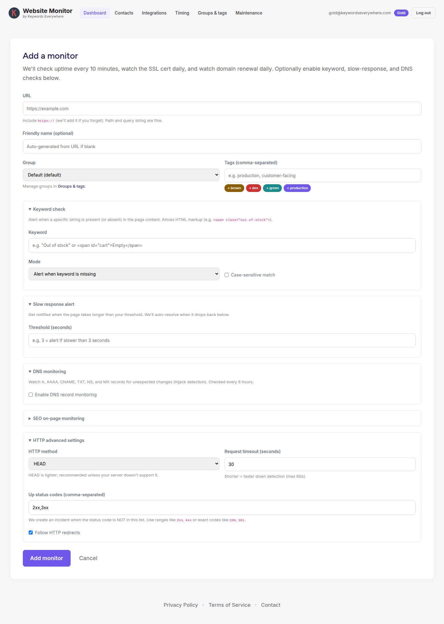 The add-monitor form with the keyword, slow-response, DNS, and HTTP advanced sections expanded to show their options