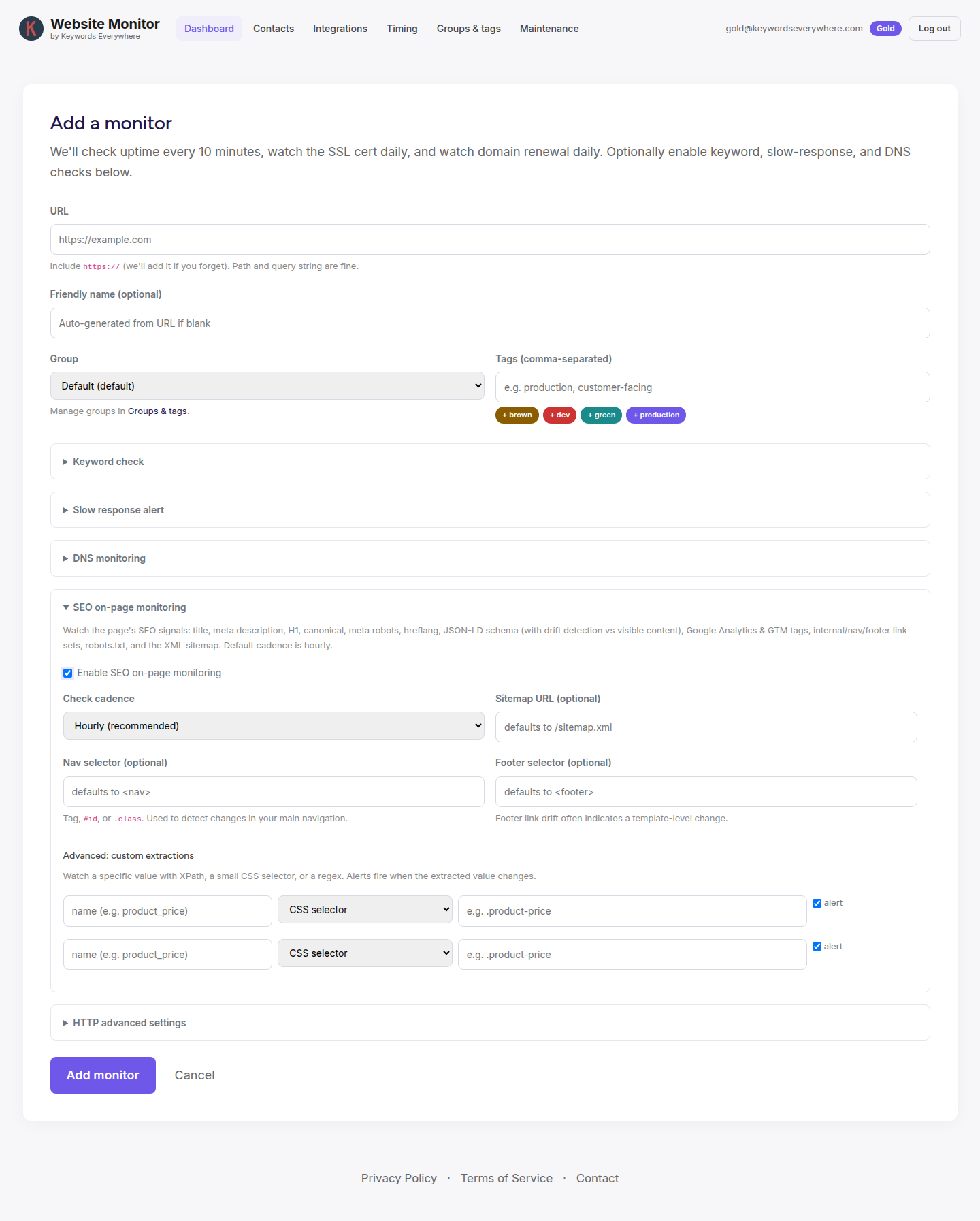 The SEO on-page monitoring section of the add form, showing the enable toggle, cadence dropdown, sitemap URL, nav and footer selectors, and a custom-extractions table