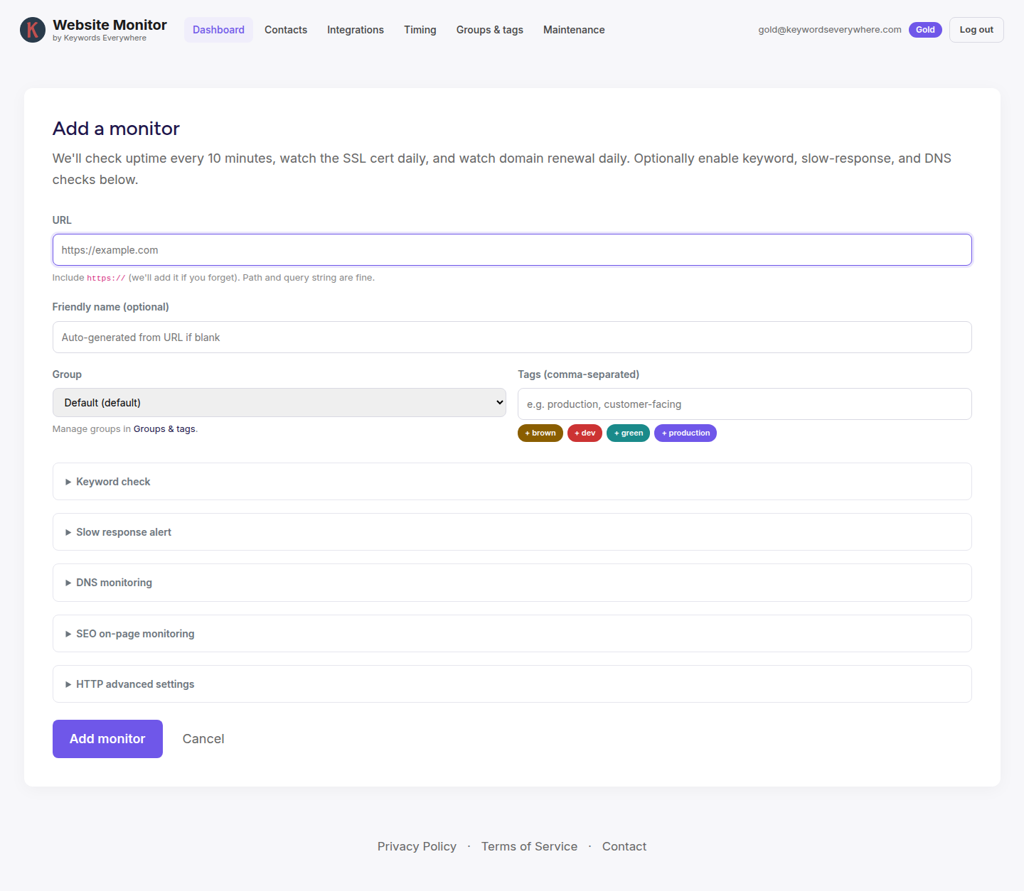 The add-monitor form showing URL, friendly name, group, and tags fields, plus collapsible sections for keyword, slow-response, DNS, SEO, and HTTP settings