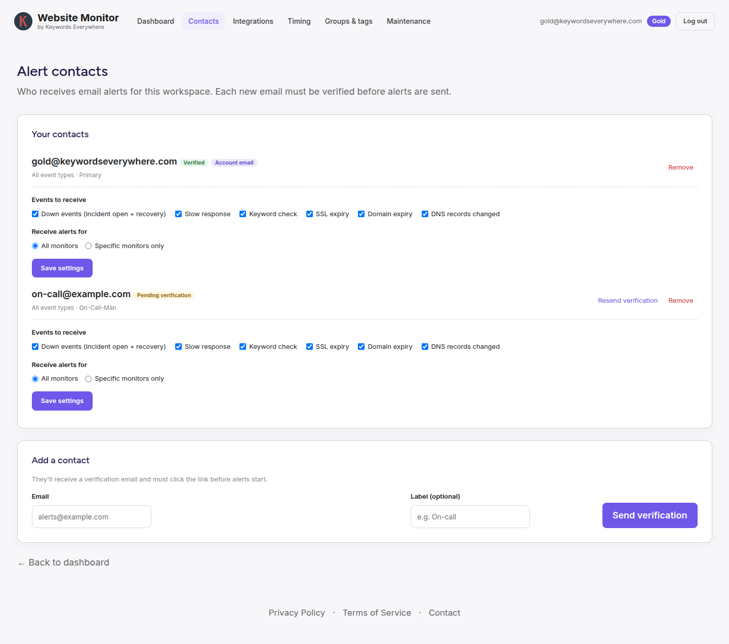 The alert contacts page showing a verified account email and a pending contact, each with event-type checkboxes and per-monitor routing options, plus an add-contact form