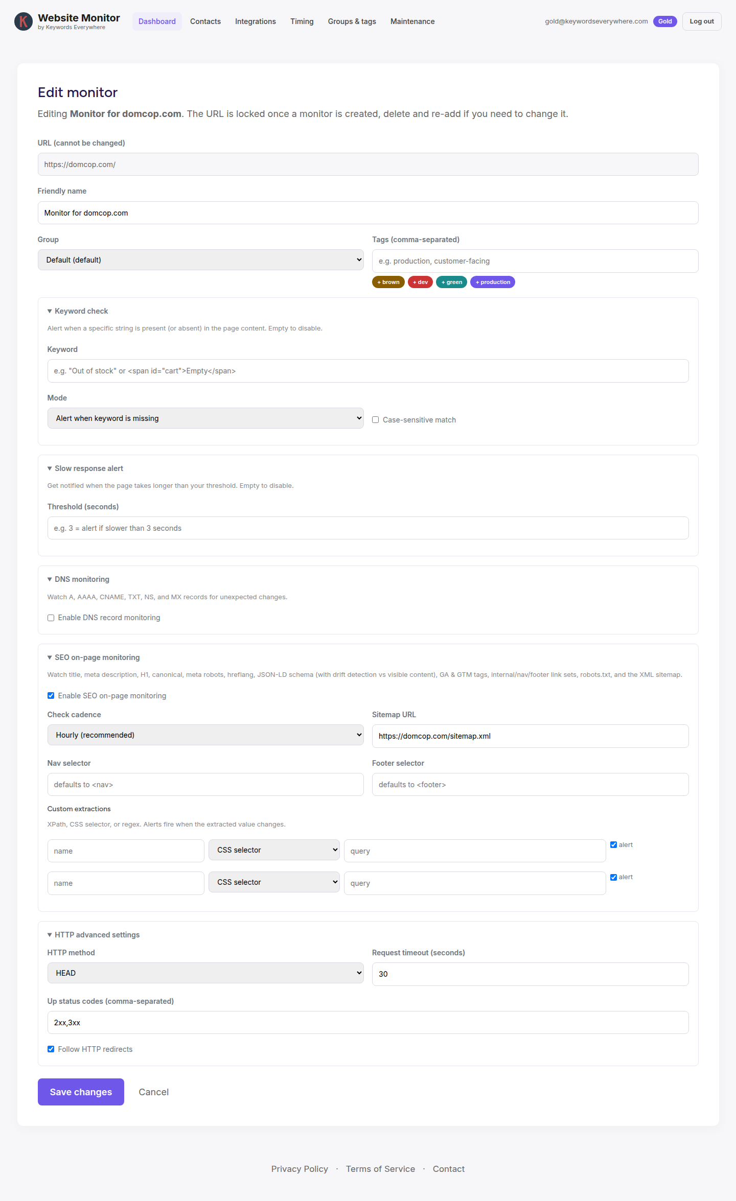 The edit-monitor page with all sections expanded, showing the same options as the add form but with the URL locked