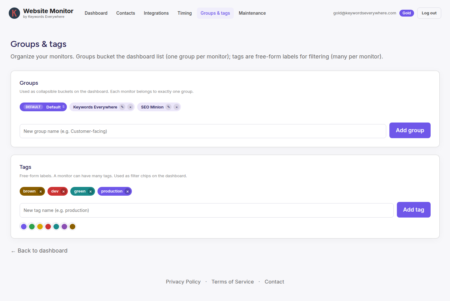 The groups and tags page showing three groups with monitor counts and four colored tags, plus forms to add new groups and tags