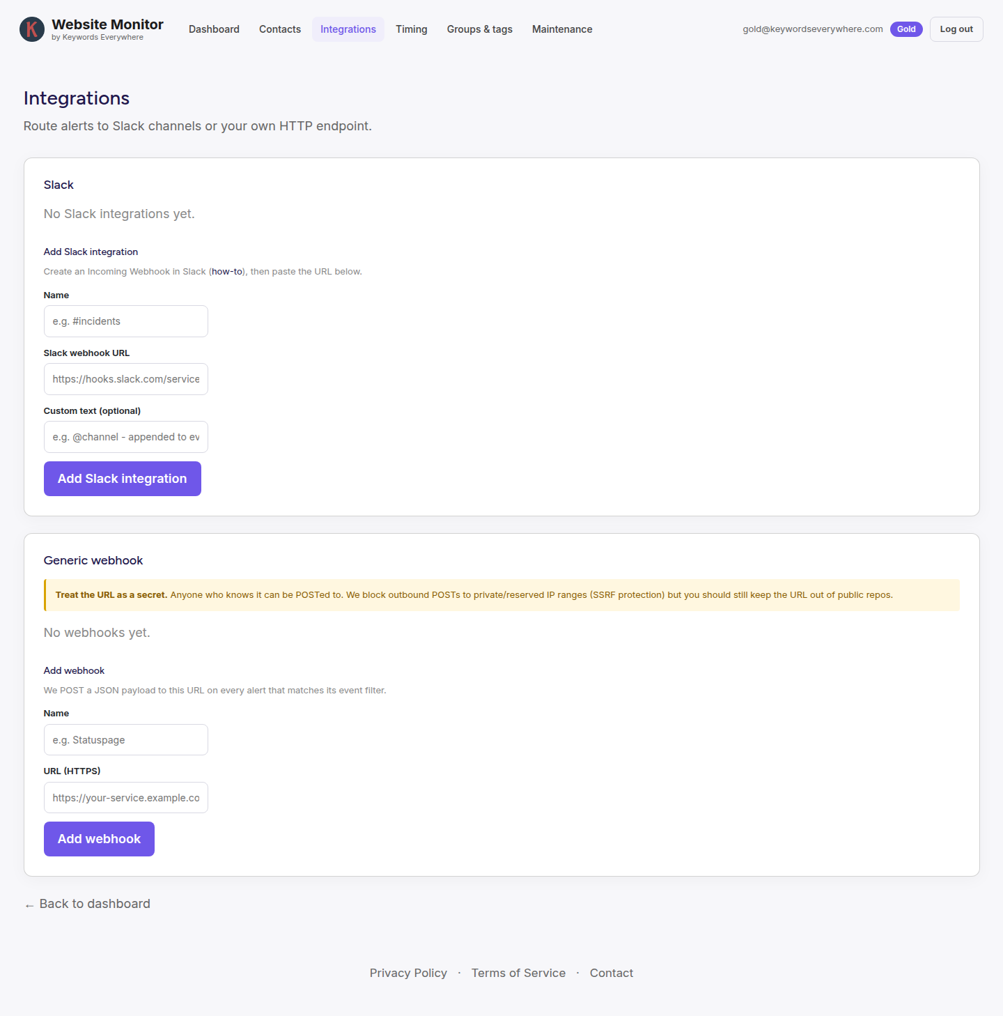 The integrations page with forms to add a Slack incoming webhook and a generic HTTPS webhook, including a note about SSRF protection