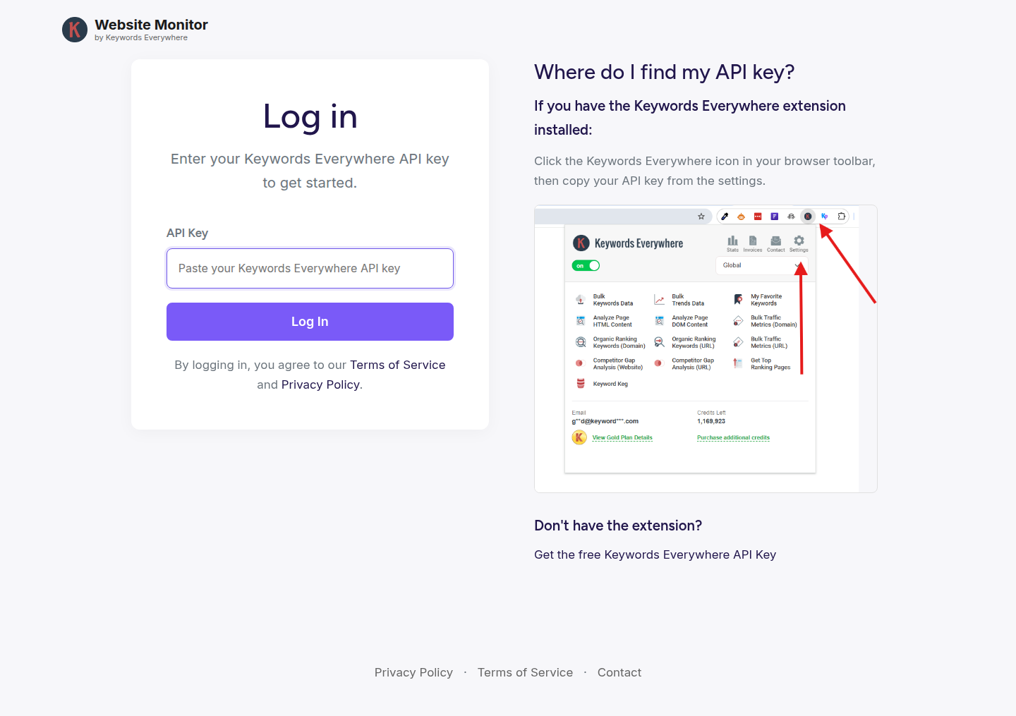 The Website Monitor login screen with a field for the Keywords Everywhere API key and a help panel showing where to find the key