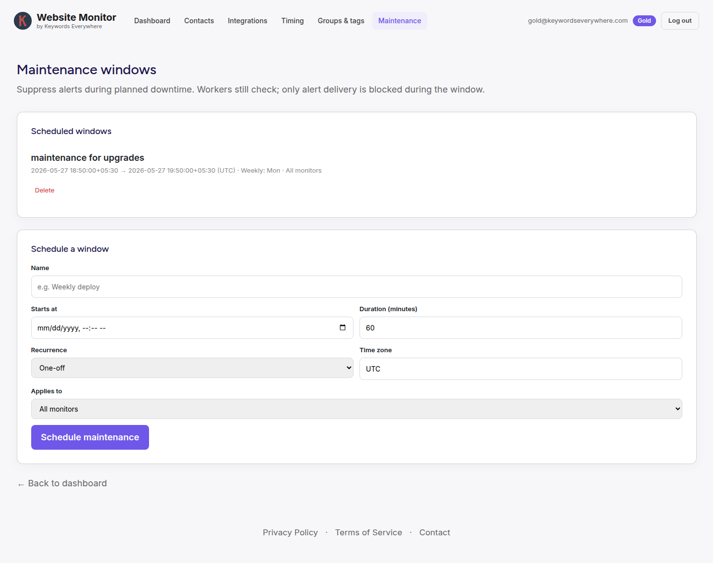 The maintenance windows page showing a scheduled weekly window and a form to schedule a new one with name, start time, duration, recurrence, time zone, and scope