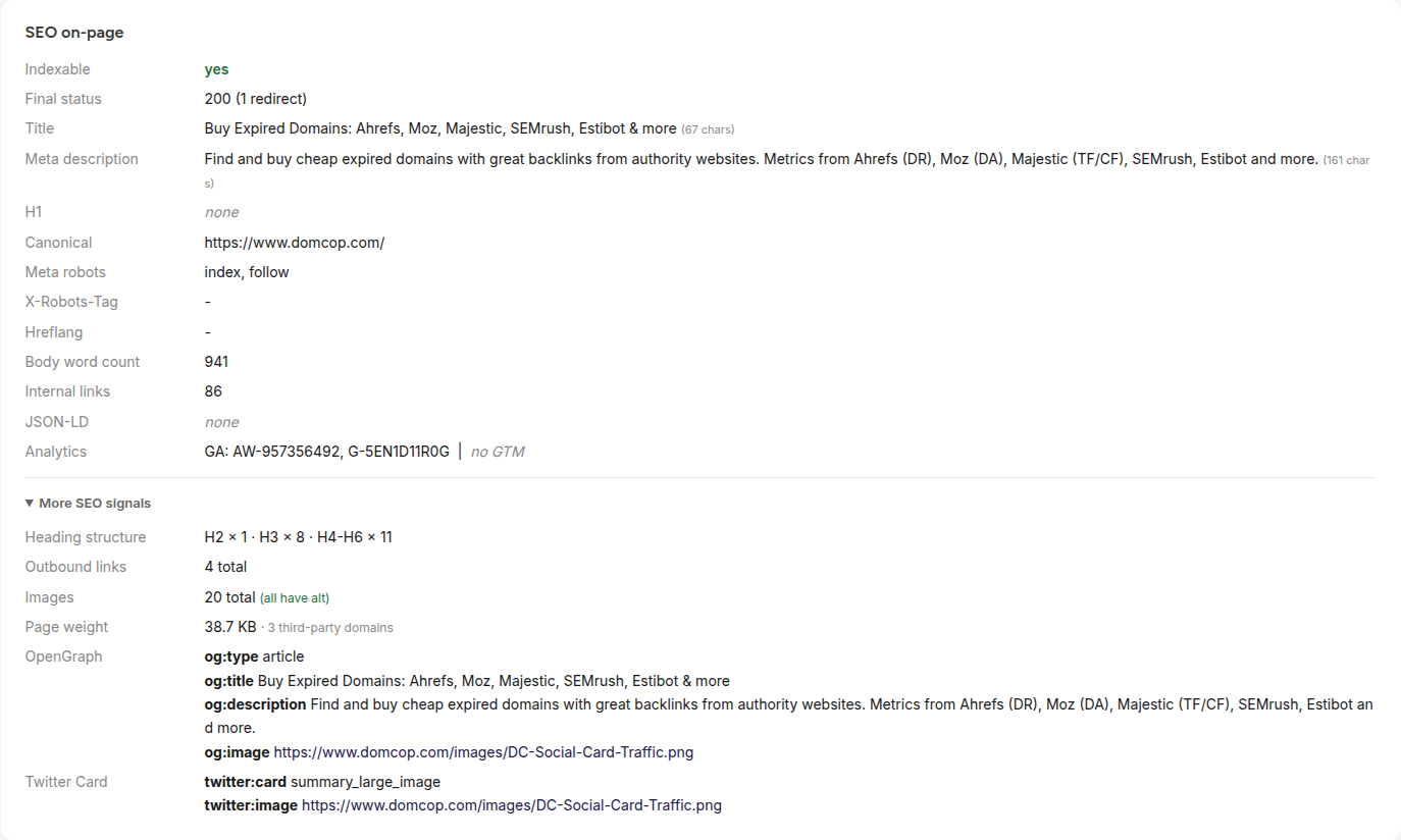 The SEO on-page panel on a monitor page, showing indexability, title, meta, canonical, robots, analytics, heading structure, outbound links, image alt coverage, page weight, OpenGraph and Twitter Card values
